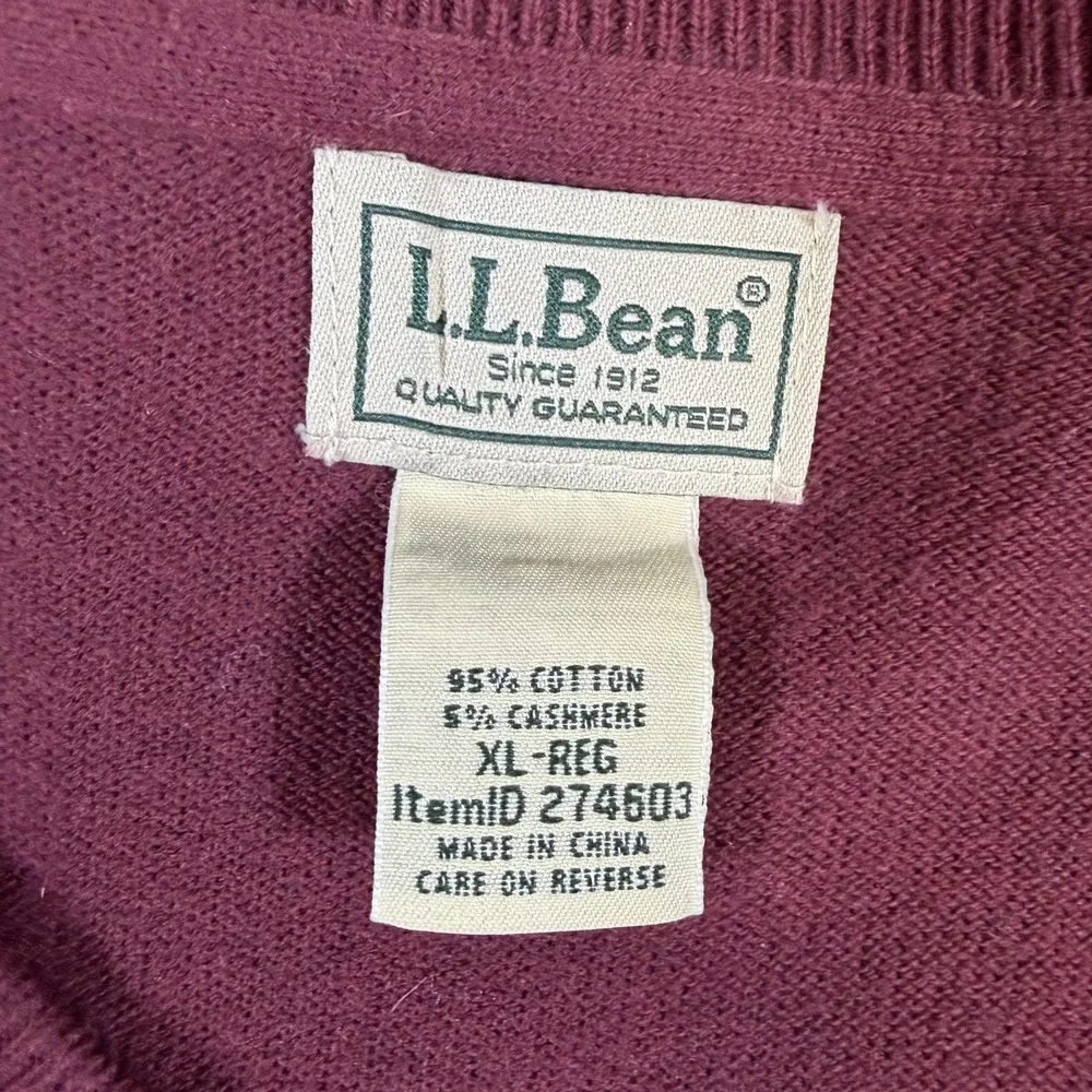 LL Bean Sweater Mens XL Red Wine V Neck Cotton Cashmere Pullover Knit Classic